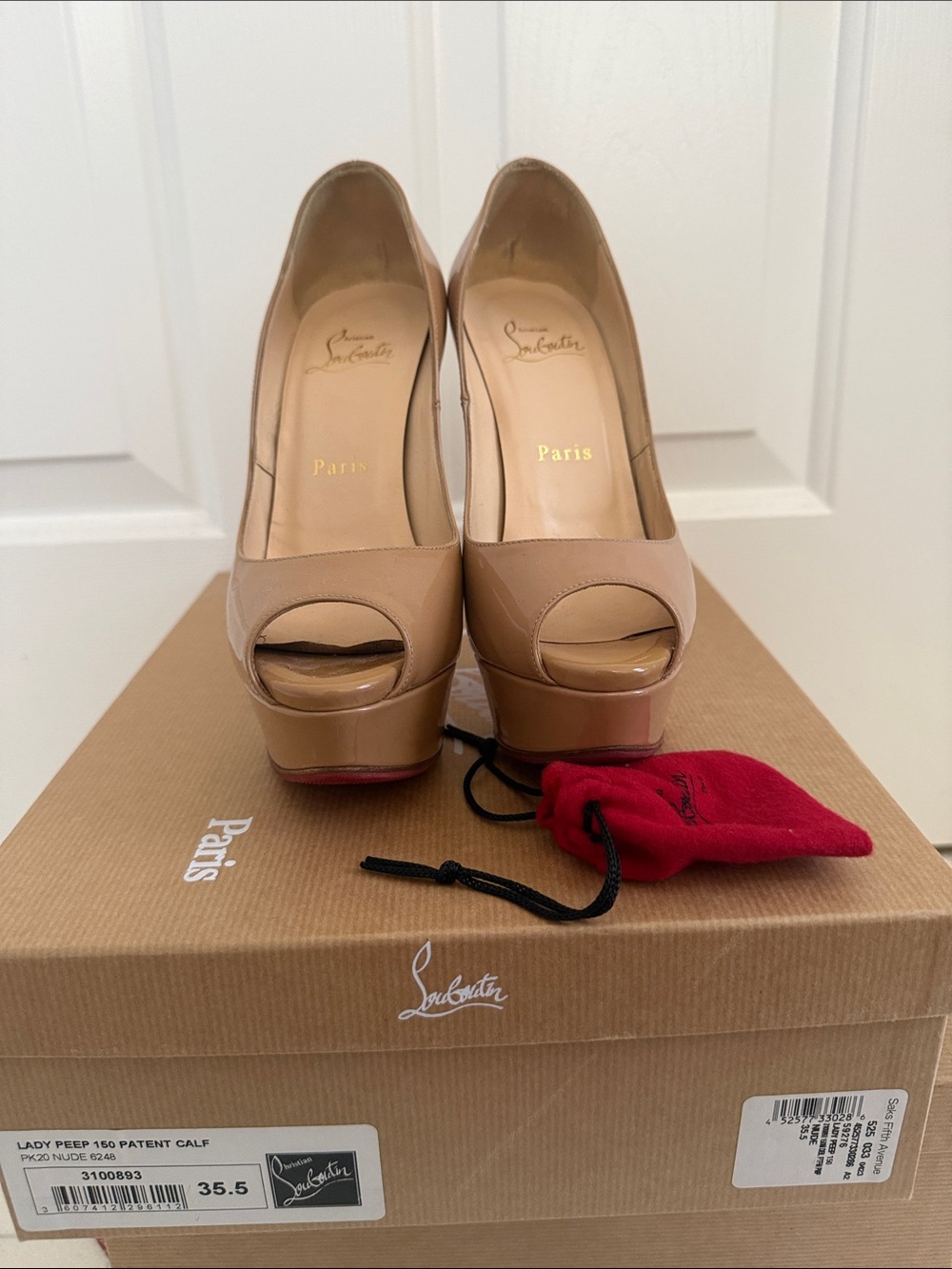 Christian Louboutin Lady Peep Nude Patent Peep-Toe Platform Pumps 150mm